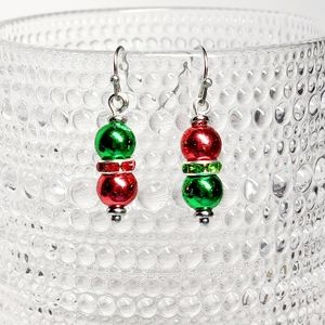 Christmas Beaded Dangle Earrings Rhinestones Handmade Metallic Look